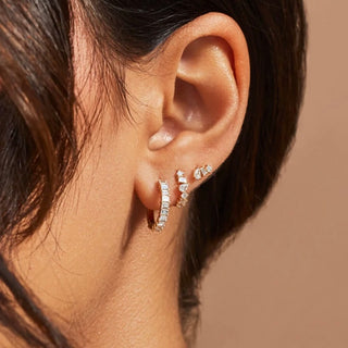 14k Gold Mixed Shape Diamond Huggie Earrings - Solid yellow Gold Hoops with Pear, Round, and Emerald Cut Diamonds