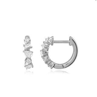 14k Gold Mixed Shape Diamond Huggie Earrings - Solid yellow Gold Hoops with Pear, Round, and Emerald Cut Diamonds