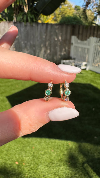 14k Gold Emerald and Diamond Huggie Earrings - May Birthstone