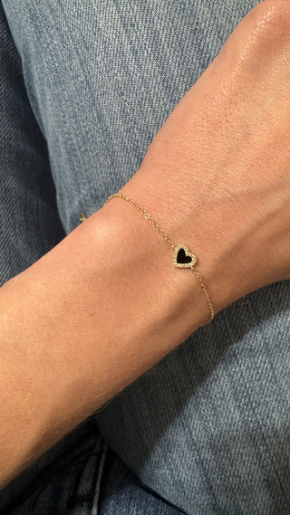 Mini Heart bracelet - Onyx and Diamond 14k Gold - Meaningful stone