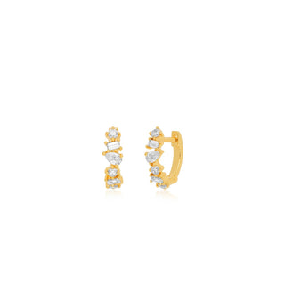 14k Gold Mixed Shape Diamond Huggie Earrings - Solid yellow Gold Hoops with Pear, Round, and Emerald Cut Diamonds