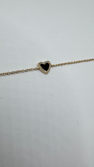 Mini Heart bracelet - Onyx and Diamond 14k Gold - Meaningful stone