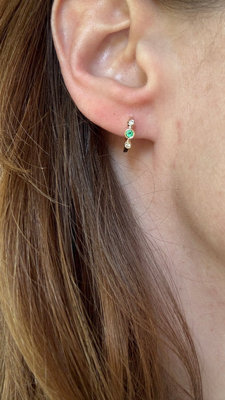 14k Gold Emerald and Diamond Huggie Earrings - May Birthstone
