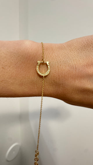 14k Gold Diamond Horsebit Bracelet Solid Gold Equestrian Horseshoe Accent Adjustable Chain