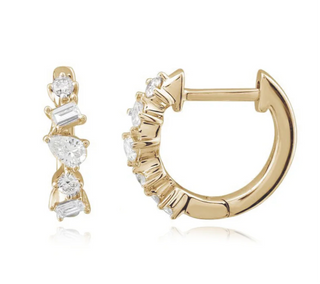14k Gold Mixed Shape Diamond Huggie Earrings - Solid yellow Gold Hoops with Pear, Round, and Emerald Cut Diamonds