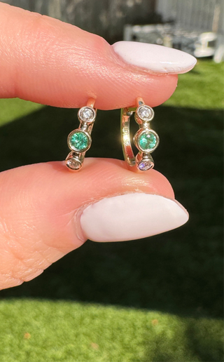 14k Gold Emerald and Diamond Huggie Earrings - May Birthstone