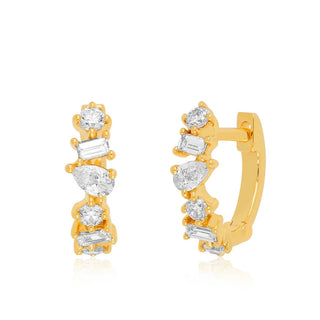 14k Gold Mixed Shape Diamond Huggie Earrings - Solid yellow Gold Hoops with Pear, Round, and Emerald Cut Diamonds