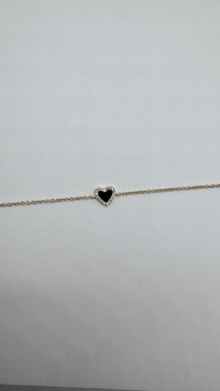 Mini Heart bracelet - Onyx and Diamond 14k Gold - Meaningful stone