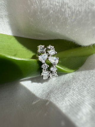 14k Gold Mixed Shape Diamond Huggie Earrings - Solid yellow Gold Hoops with Pear, Round, and Emerald Cut Diamonds