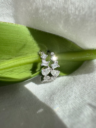 14k Gold Mixed Shape Diamond Huggie Earrings - Solid yellow Gold Hoops with Pear, Round, and Emerald Cut Diamonds