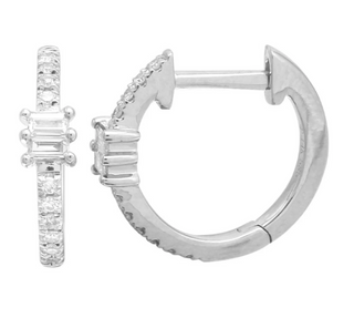 Pave Diamond Huggies with Baguette/ Emerald Cut Accent 14k