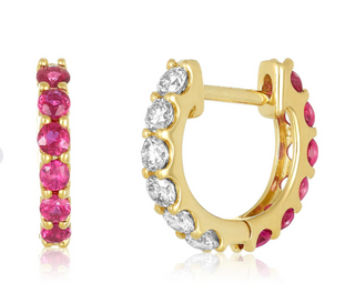 14k Gold Reversible Pink Sapphire and Diamond Huggie Earrings